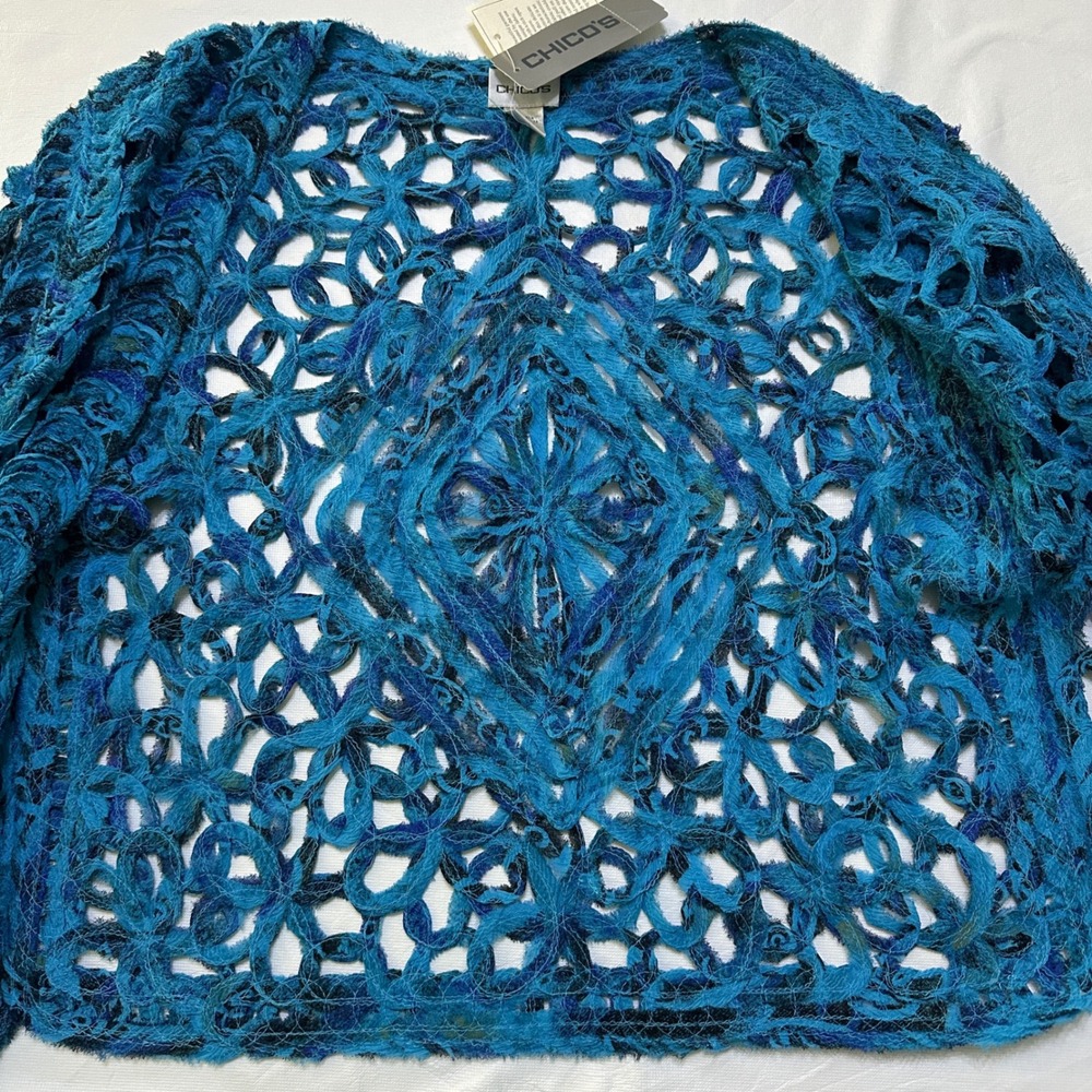 Chico's Silk Jacket Sz 0 S Talula Flower Bell Open Knit Boho Mermaidcore Artsy - Picture 10 of 12